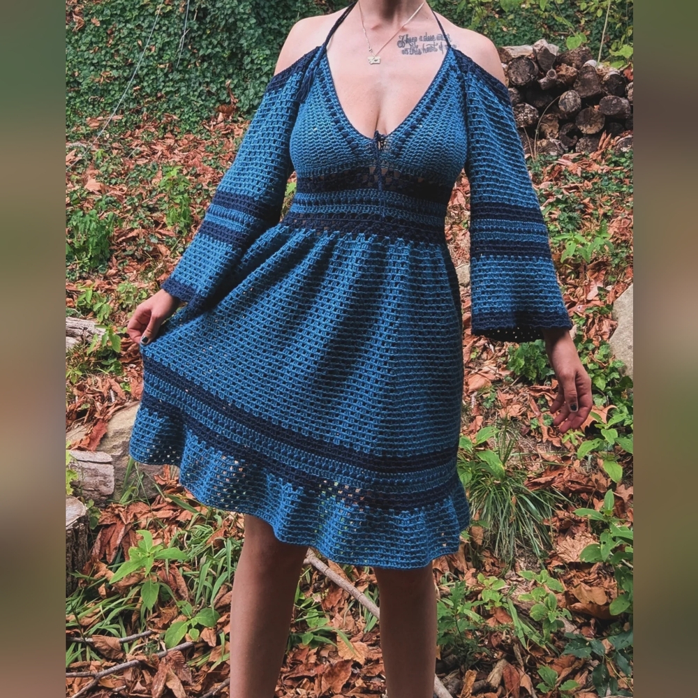 Handmade Blue Crochet Off-Shoulder Open Back Dress